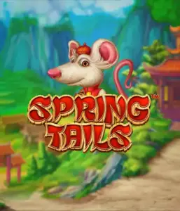 A charming illustration of a white rat wearing a red traditional Chinese outfit positioned in front of a scenic landscape with mountains. The image represents the Spring Tails Slot by Betsoft, highlighted with striking gold and red logo text.