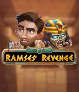 Uncover the ancient world of Ramses' Revenge slot by Relax Gaming, highlighting a frightened explorer and a fierce mummy set against an Egyptian tomb backdrop. This graphic depicts the excitement of ancient Egyptian myths, ideal for fans of Egyptian-themed slots, providing a captivating adventure. 